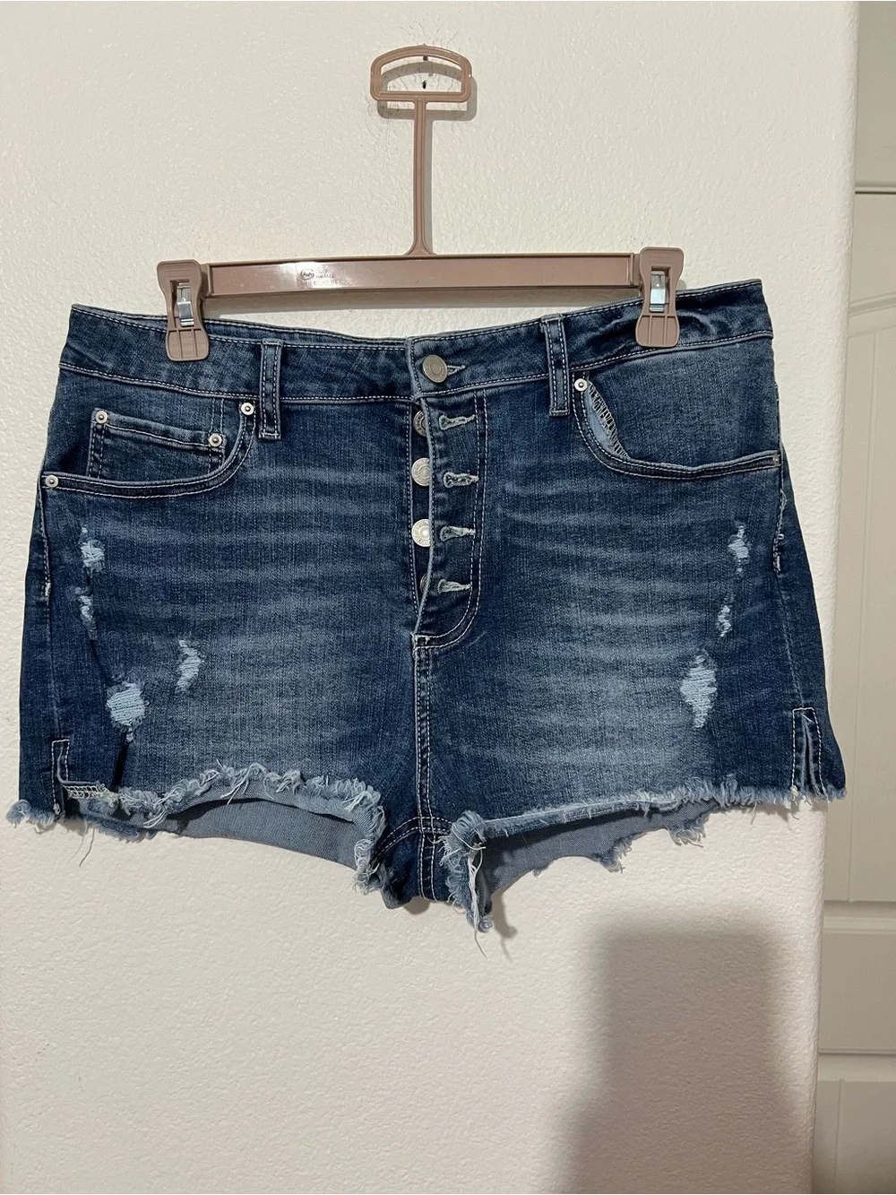 Indigo Rein Distressed Dark Blue Denim Button-Fly Shorts